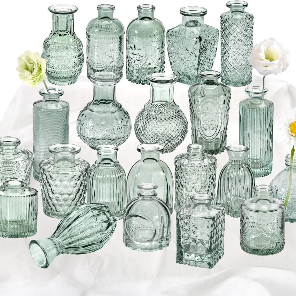 Green Glass Bud Vase Set of 22, Small Vases for Flowers, Clear Glass Vases for C - Picture 1 of 7